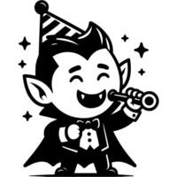 Boy dressed in costume and party hat of friendly vampire blows into whistle noisemaker on Halloween holidays in monochrome. Simple minimalistic in black ink drawing on white background vector