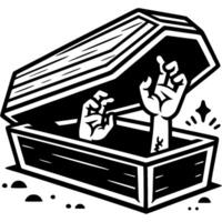 Zombies emerge from closed wooden coffin in monochrome. Simple minimalistic in black ink drawing on white background vector