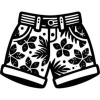 Tropical denim shorts in monochrome. Simple minimalistic in black ink drawing on white background vector