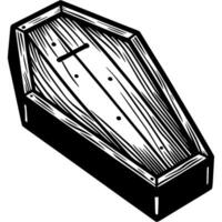 Closed wooden coffin in monochrome. Simple minimalistic in black ink drawing on white background vector