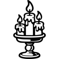 Candlestick with burning melted candles in monochrome. Simple minimalistic in black ink drawing on white background vector