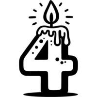 Number four in shape of lit hot candle for decorating birthday cake in monochrome. Simple minimalistic in black ink drawing on white background vector