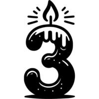 Number three in shape of lit hot candle for decorating birthday cake in monochrome. Simple minimalistic in black ink drawing on white background vector
