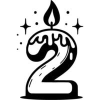 Number two in shape of lit hot candle for decorating birthday cake in monochrome. Simple minimalistic in black ink drawing on white background vector