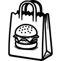 Paper bag with hamburger from fast food restaurant in monochrome. Simple minimalistic in black ink drawing on white background vector