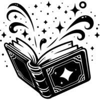 Open witch book with spell floating in air in monochrome. Simple minimalistic in black ink drawing on white background vector