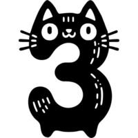 Number three, 3 in cat style in monochrome. Simple minimalistic in black ink drawing on white background vector