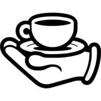 Waiter hand serves coffee in cup on saucer in monochrome. Simple minimalistic in black ink drawing on white background vector