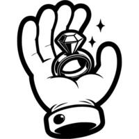 Hand of lover gives engagement ring with large diamond in monochrome. Simple minimalistic in black ink drawing on white background vector