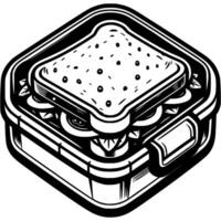 Plastic lunch box with homemade sandwich for lunch in monochrome. Simple minimalistic in black ink drawing on white background vector