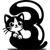Little kitten hid behind the number three digit in kitty style in monochrome. Simple minimalistic in black ink drawing on white background vector