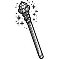 Wooden magic staff with large crystal on top in monochrome. Simple minimalistic in black ink drawing on white background vector