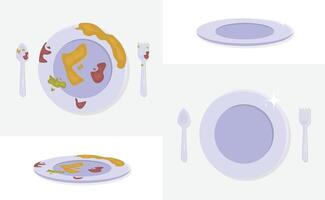 Dirty and clean plates, set of spoon and fork, washing product ads elements illustration isolated on background vector