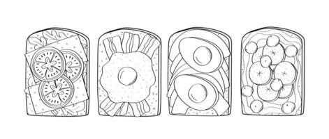 Set of sandwiches with different fillings. Toasted bread with breakfast filling. illustration of snack sketch doodle. vector