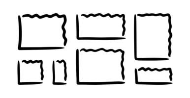 Doodle wavy curve edge frame set. Hand drawn wave rectangle borders. Brush drawn squares. Bullet journal elements vector
