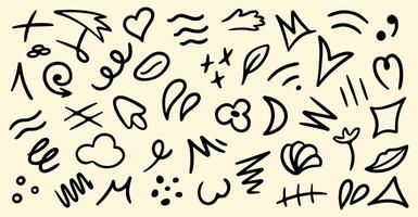 Line movement element set, emotion graphic effects, decoration icons. Doodle line elements, arrow, emphasis, heart, wind, zigzag, sparkle. Hand drawn Anime emotion, express shape. vector