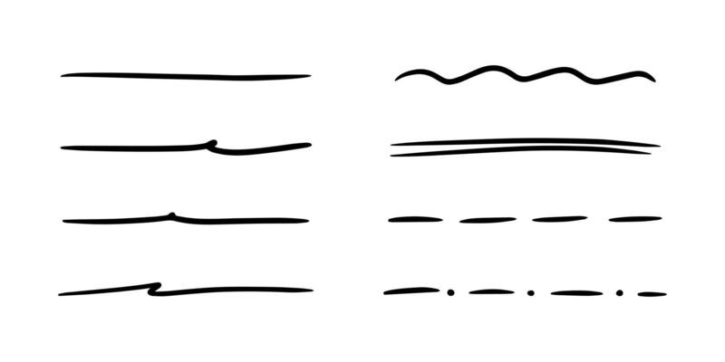 Hand drawn pen or pencil various lines and doodles. Rough highlighters, chalk strokes, crayon dividers. Curly lines.