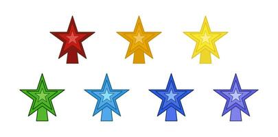Set tree topper stars for Christmas tree in rainbow colors. Isolated Decorated stars for the tree. Decorative traditional design in deferent colors for top of Xmas pine tree. vector