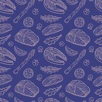 Seamless pattern with Salmon steak and ingredients in line art style. Tomato, lemon, rosemary, arugula, asparagus. Fish and vegetables design for menu, wallpaper, textile, wrapping. Blue background. vector