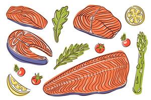Line art style set featuring various cuts of salmon, with lemon slices, asparagus, tomatoes and herbs. Vibrant design of fresh and appeal of seafood. illustration isolated on white background. vector