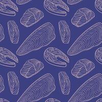 Salmon slice seamless pattern in line art style. Food design for seafood restaurant menu. illustration on a blue background. vector