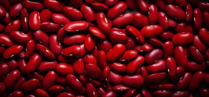 A pile of fresh red kidney beans form the background, shown from above photo