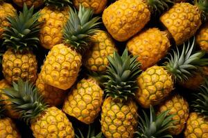 A pile of fresh Pineapple form the background, shown from above photo