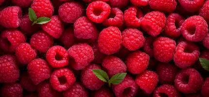 A pile of fresh Raspberry form the background, shown from above photo
