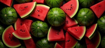 A pile of fresh Watermelon form the background, shown from above photo