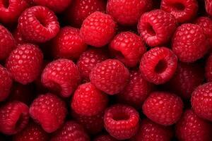 A pile of fresh Raspberry form the background, shown from above photo