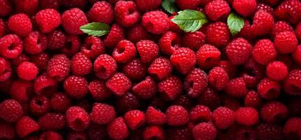 A pile of fresh Raspberry form the background, shown from above photo