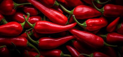 A pile of fresh red hot chilli peppers form the background, shown from above photo