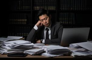 A tired Asian businessman sleeping at his desk with papers and laptop photo