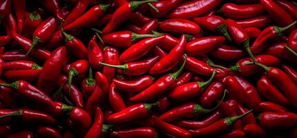A pile of fresh red hot chilli peppers form the background, shown from above photo