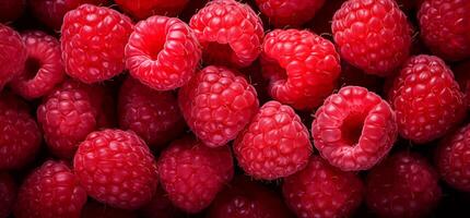 A pile of fresh Raspberry form the background, shown from above photo