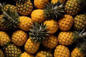A pile of fresh Pineapple form the background, shown from above photo