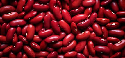 A pile of fresh red kidney beans form the background, shown from above photo