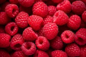 A pile of fresh Raspberry form the background, shown from above photo