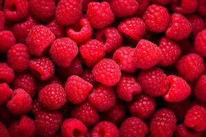 A pile of fresh Raspberry form the background, shown from above photo