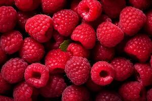 A pile of fresh Raspberry form the background, shown from above photo