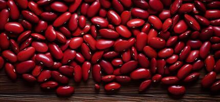 A pile of fresh red kidney beans form the background, shown from above photo