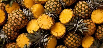 A pile of fresh Pineapple form the background, shown from above photo