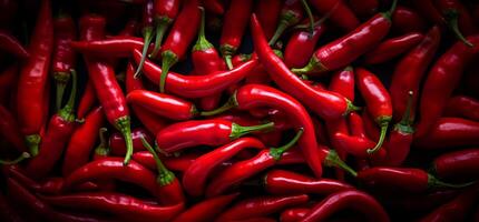 A pile of fresh red hot chilli peppers form the background, shown from above photo