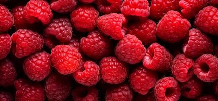 A pile of fresh Raspberry form the background, shown from above photo