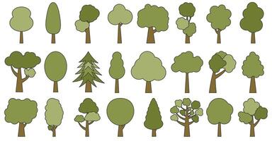 Trees in shades of green with dark strokes. Collection of illustrations of trees. Wood for every taste. Abstraction of trees. vector
