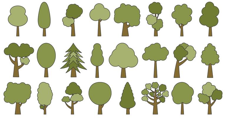 Trees in shades of green with dark strokes. Collection of illustrations of trees. Wood for every taste. Abstraction of trees.