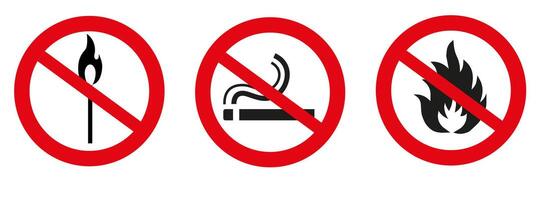 Do not smoke or use open flames. Signs open source of ignition and no smoking signs. vector