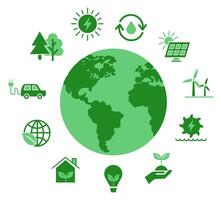 Green flat icon set related to renewable energy. Energy sources. vector