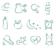 Linear icons of a healthy lifestyle. As well as sports and exercise. vector