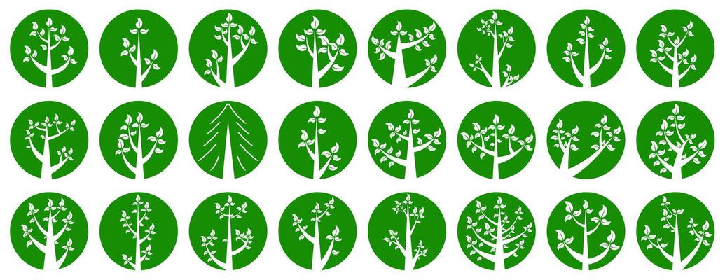 Collection of illustrations of trees. White trees in green circles. Wood for every taste. Abstraction of trees with leaves.